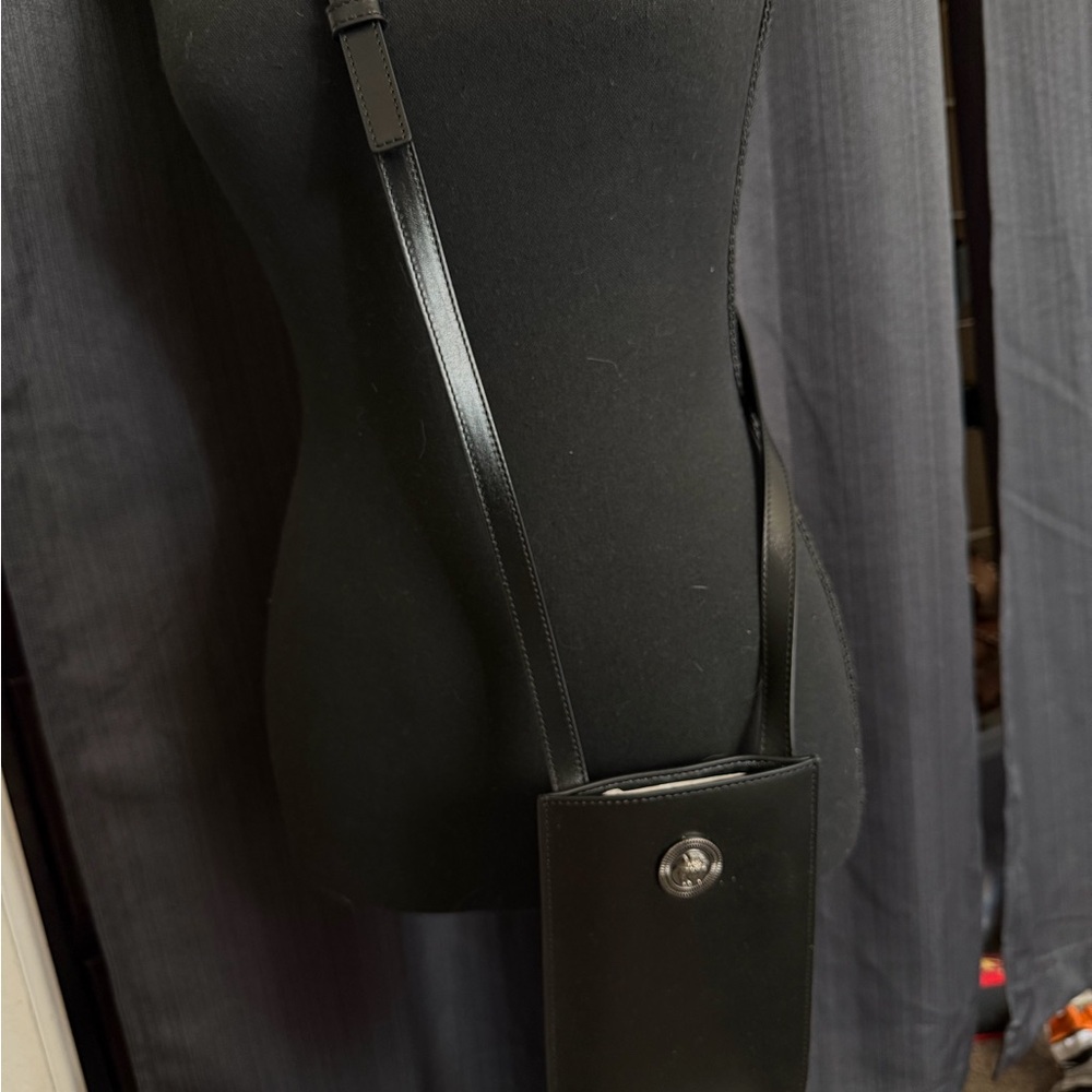 Versace Black Leather Crossbody Phone Pouch with Medusa Button